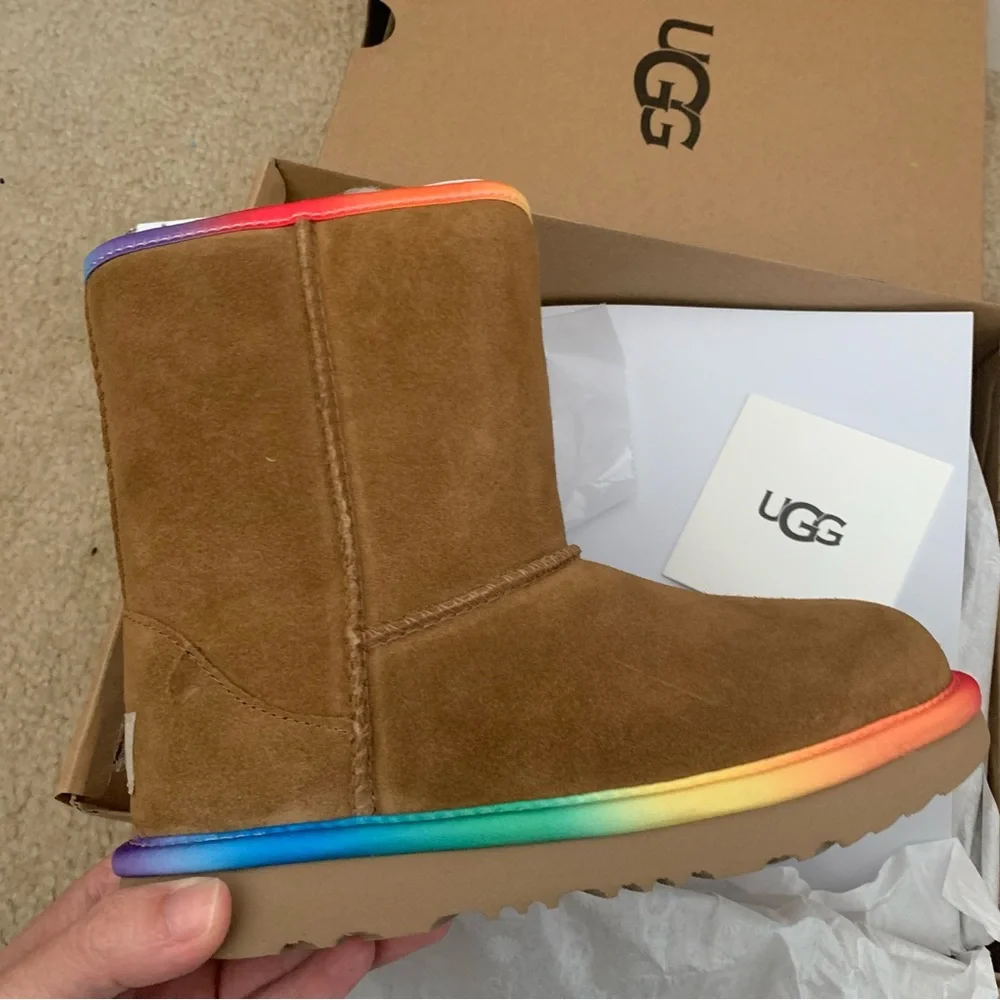 UGG Kids Chestnut Suede Boots with Rainbow Sole Trim